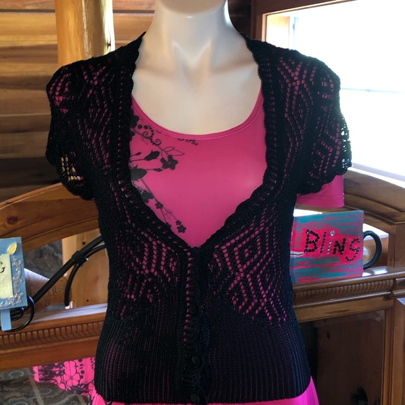 Black lacy short sleeve button up cardigan top - Picture 5 of 5